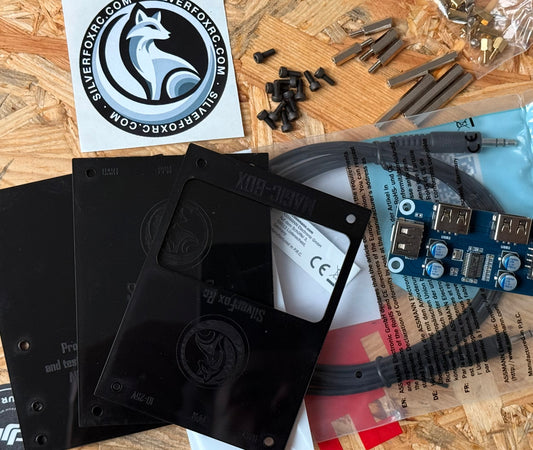 Magic Box v2.0 DIY Kit — unassembled parts (plates, USB hub, standoffs, screws, cable)